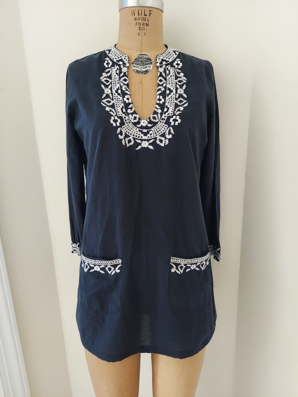 Women's Navy Tunic with White Embroidered Detail